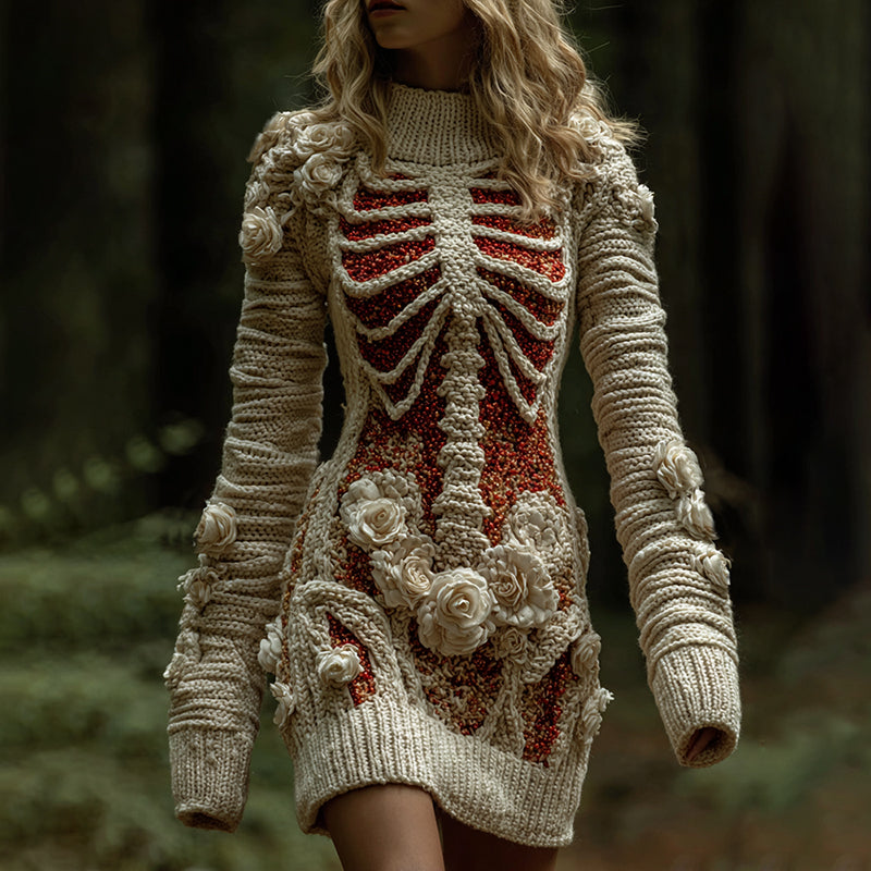 Skeleton Anatomy Roses Bandages Cozy Knit Sweater Dress artswardrobe