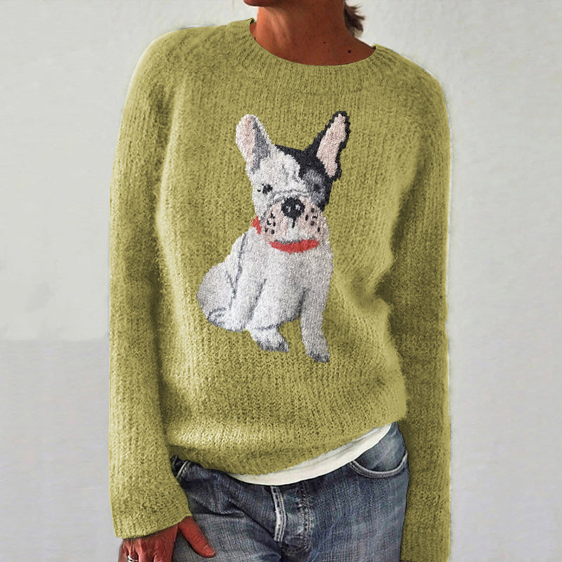 Comstylish Cute French Bulldog Jacquard Knit Cozy Sweater