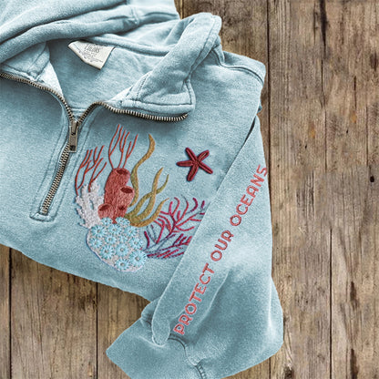 Comstylish Protect Our Oceans Coral Embroidered Zip Up Sweatshirt
