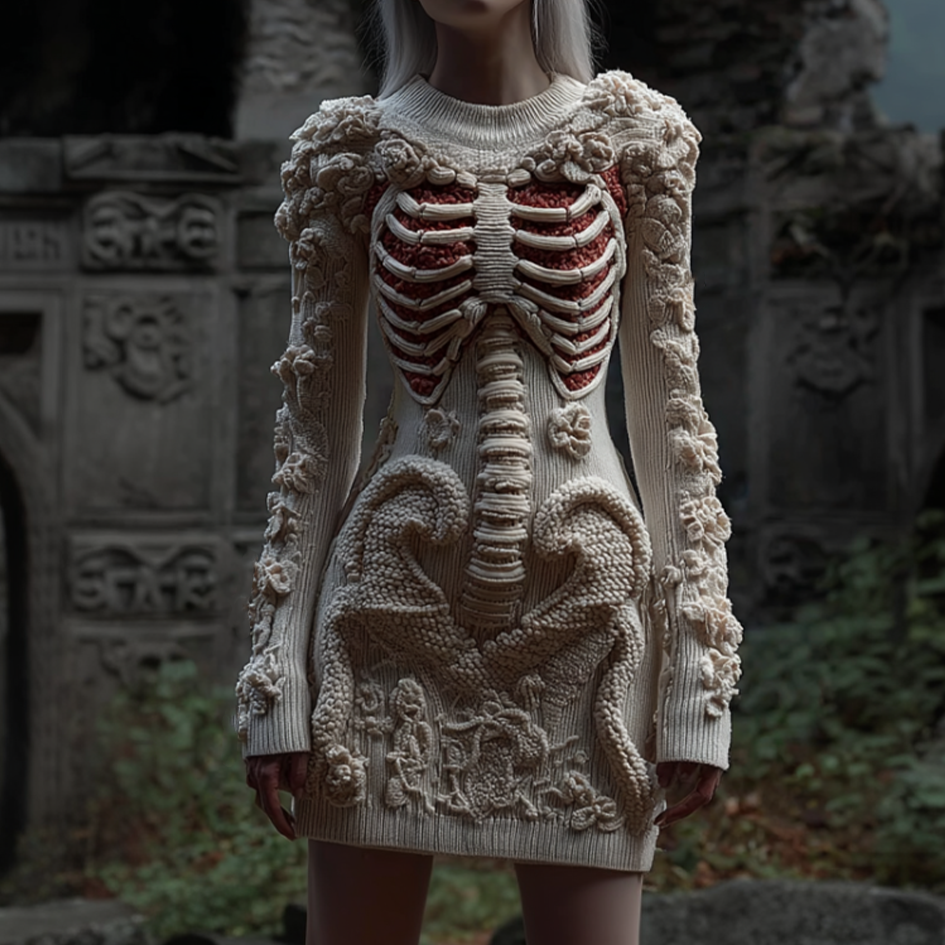 Halloween Female Snake Wrapping Anatomy Skeleton Design Knit Sweater Dress artswardrobe
