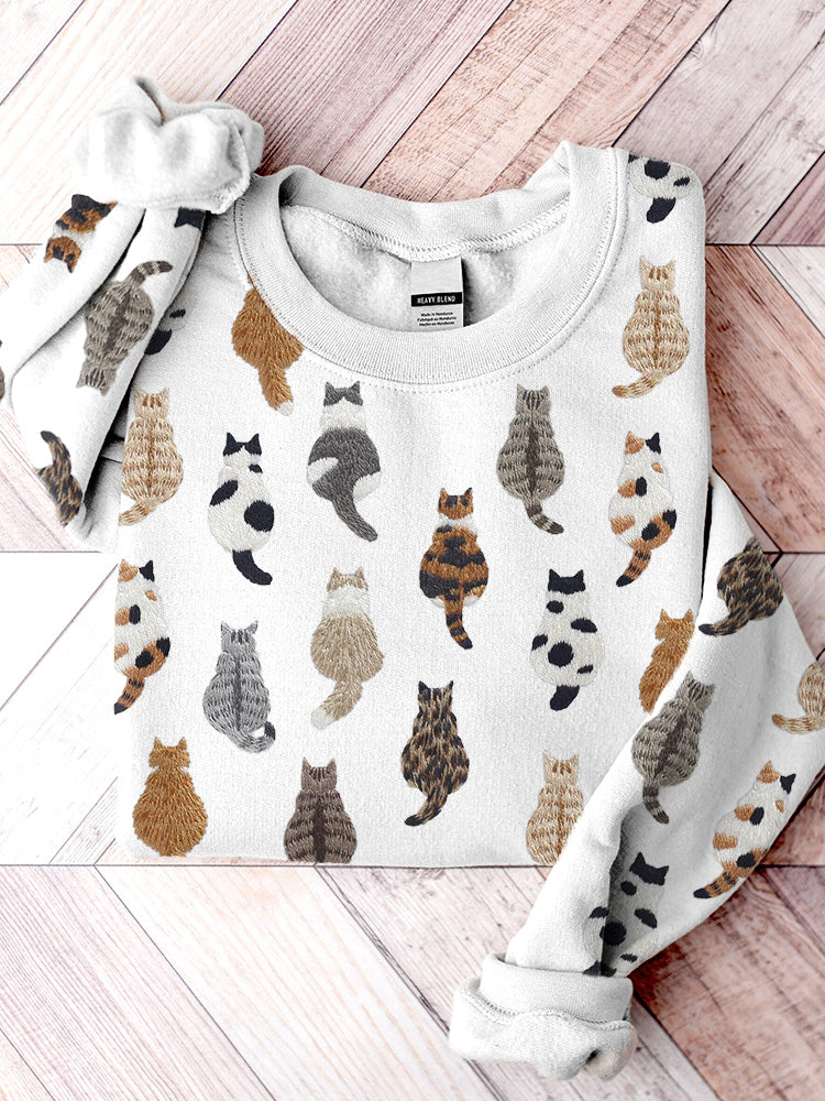 Comstylish Cute Cats Embroidery Pattern Casual Cozy Sweatshirt