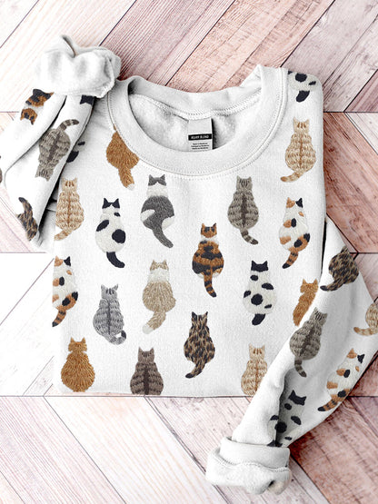 Comstylish Cute Cats Embroidery Pattern Casual Cozy Sweatshirt