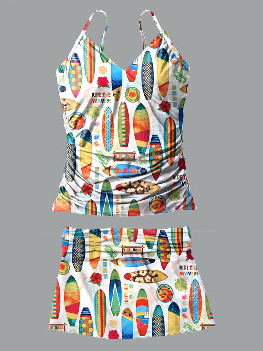 V-Neck Hawaii Vacation Multicolor Surfboard Pattern Print Suspender Skirt Tankini Pantskirt Set Swimsuit