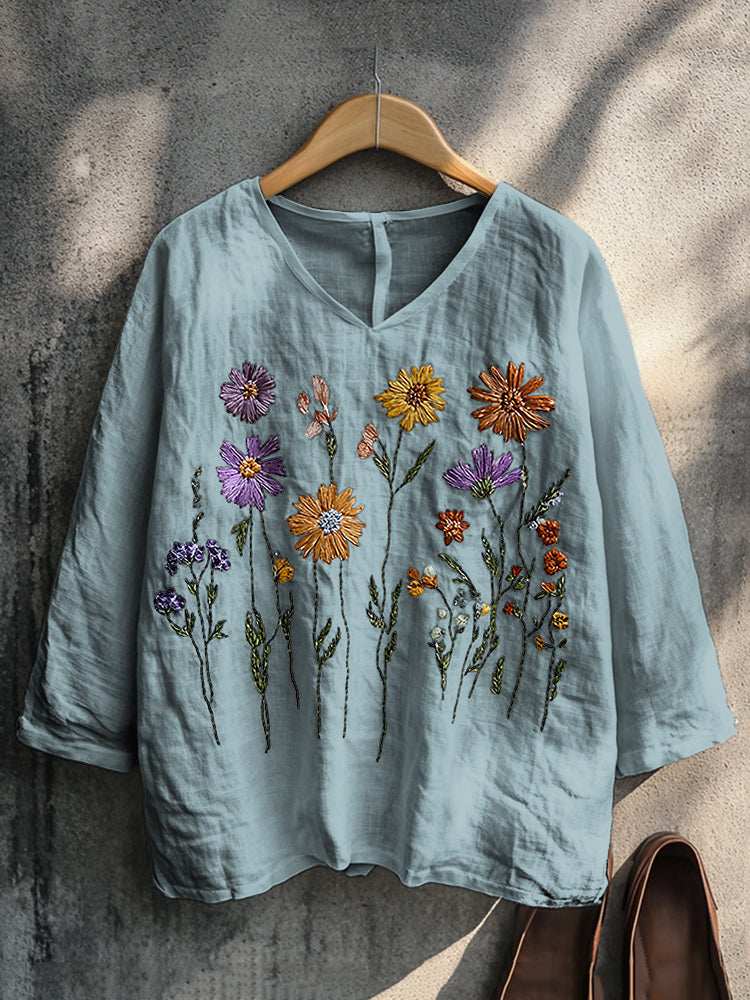 Boho Floral Embroidery Print Cotton And Linen Blend Loose Blouse artswardrobe