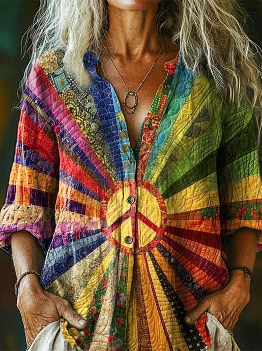 Women's Hippie Peace Rainbow Art Pattern Print Casual Cotton Linen Shi