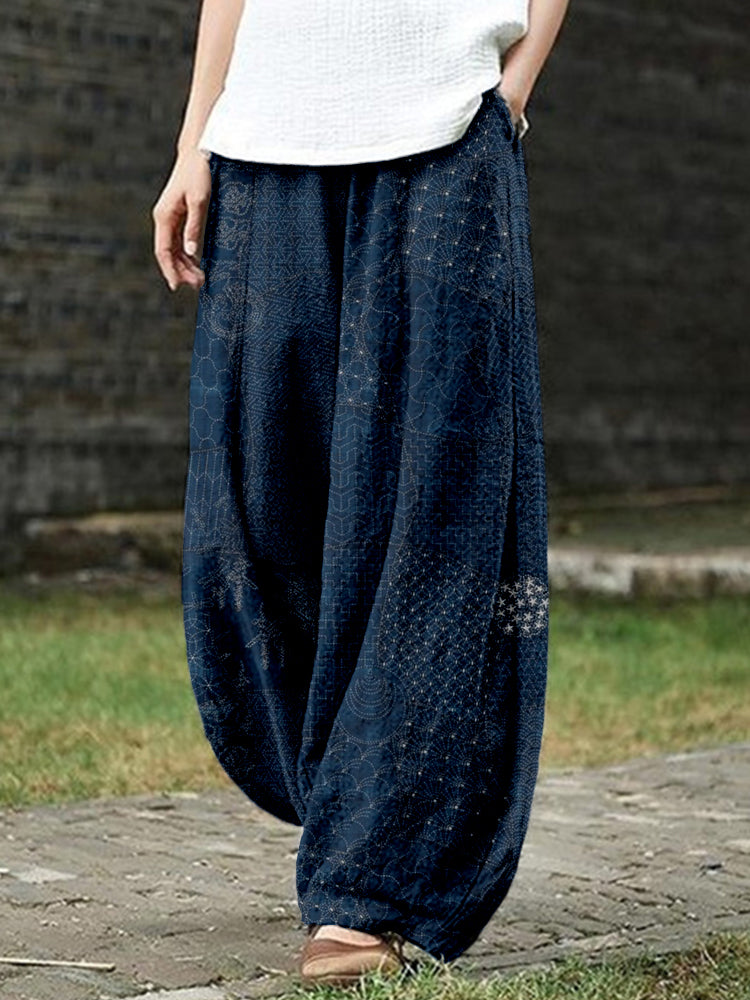Comstylish Japanese Traditional Sashiko Art Linen Blend Casual Pants