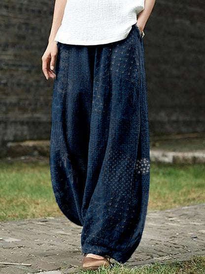 Comstylish Japanese Traditional Sashiko Art Linen Blend Casual Pants