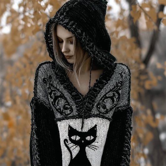Halloween Vintage Gothic Black Cat Contrast Knit Hooded Sweater artswardrobe