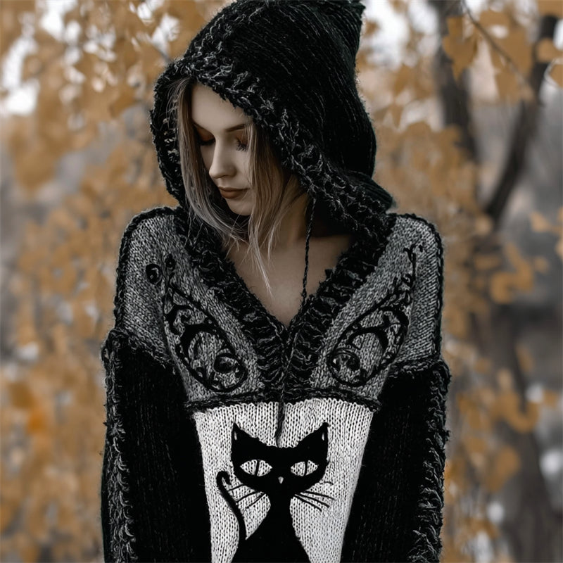 Comstylish Halloween Vintage Gothic Black Cat Contrast Knit Hooded Sweater