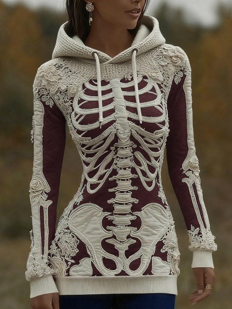 Women's Halloween Skeleton Bones With Roses Art Knitted Warm Hooded Sweater artswardrobe