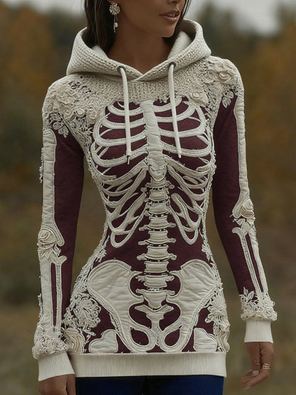 Women's Halloween Skeleton Bones With Roses Art Knitted Warm Hooded Sweater artswardrobe