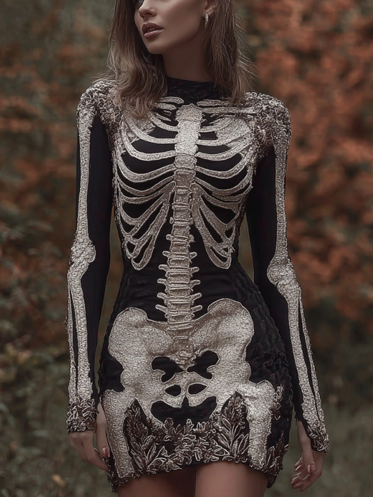 Comstylish Women's Halloween Skeleton Floral Embroidered Dress