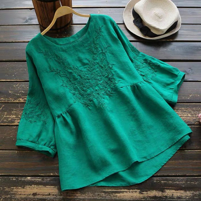 Comstylish Vintage Floral Lace Cotton Linen Casual Shirt
