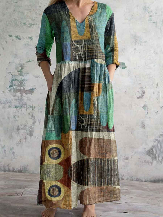 Women's Art Geometric Textured V-Neck Cotton and Linen Dress with Pock