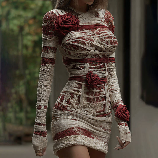 Women's Halloween Muscle Anatomy Bandage With Rose Art Cozy Knit Mini Sweater Dress artswardrobe