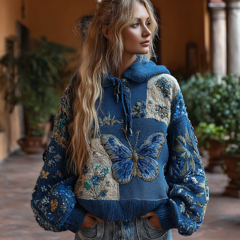Comstylish Women's Bohemian Style Blue Patchwork Butterfly Embroidery Hooded Sweater