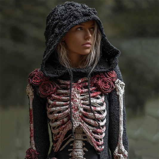Halloween Bloody Roses Skeleton Crochet Cozy Knit Hooded Sweater artswardrobe