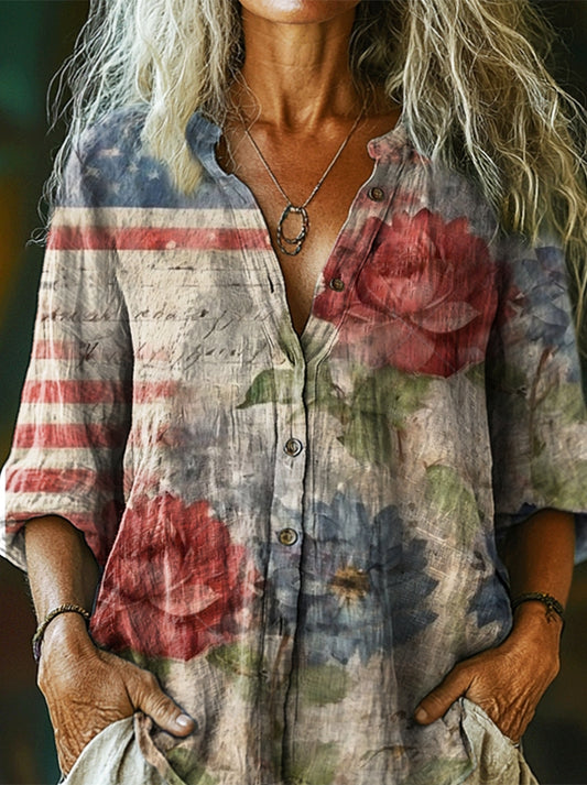 Women's Vintage Flag Floral Art Print Casual Cotton Linen Shirt