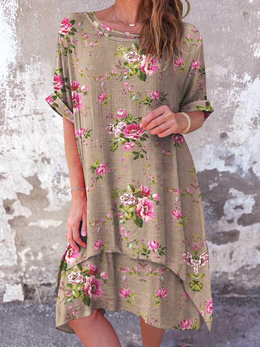 Women's Classic Floral Pattern Round Neck Cotton and Linen Dress