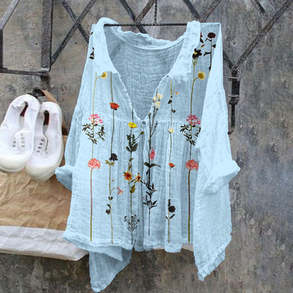 Comstylish Floral Pattern Ladies Casual Floral Print Cotton Linen  Shirt