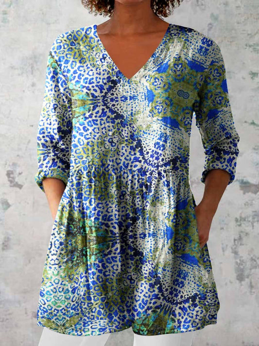 Women's Elegant Floral Pattern Round Neck Cotton and Linen Top