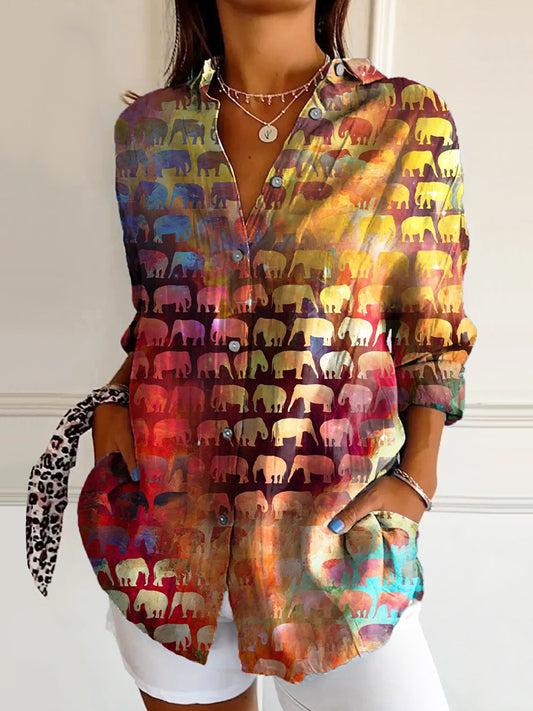 Women's Vintage Ethnic Elephant Art Print Casual Cotton Shirt