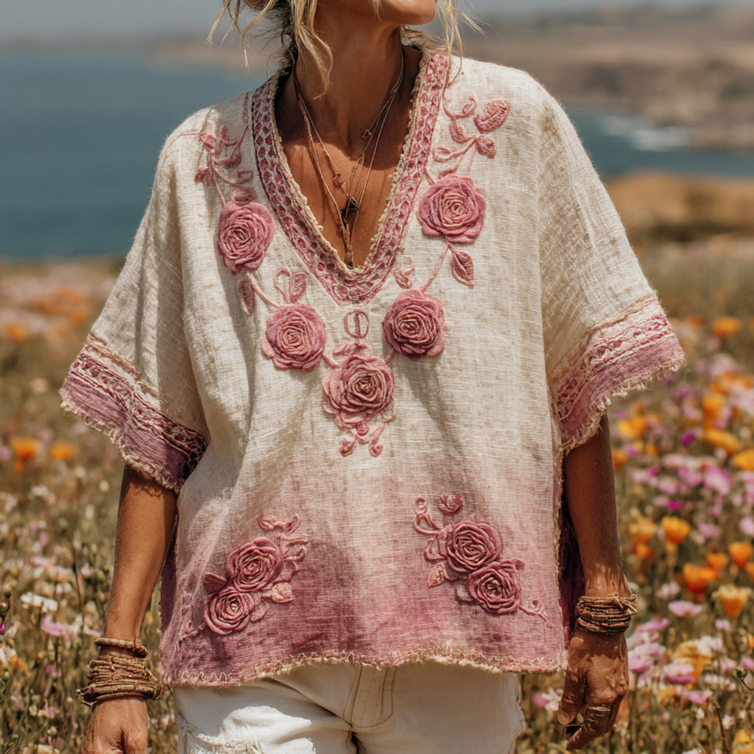 Women's Pink Rose Embroidery Print V-neck Linen Blend Loose T-shirt artswardrobe