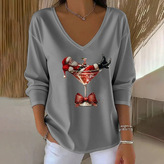 Comstylish Women's Fun Christmas Wine Glass With Santa Claus Print V-neck Long Sleeve T-shirt