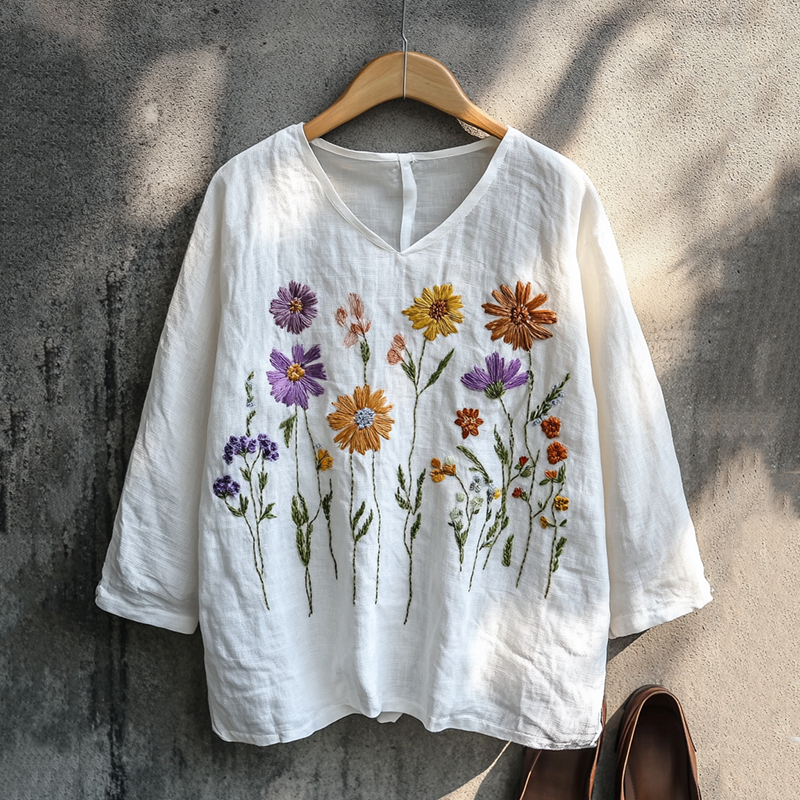 Boho Floral Embroidery Print Cotton And Linen Blend Loose Blouse artswardrobe