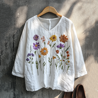 Boho Floral Embroidery Print Cotton And Linen Blend Loose Blouse artswardrobe