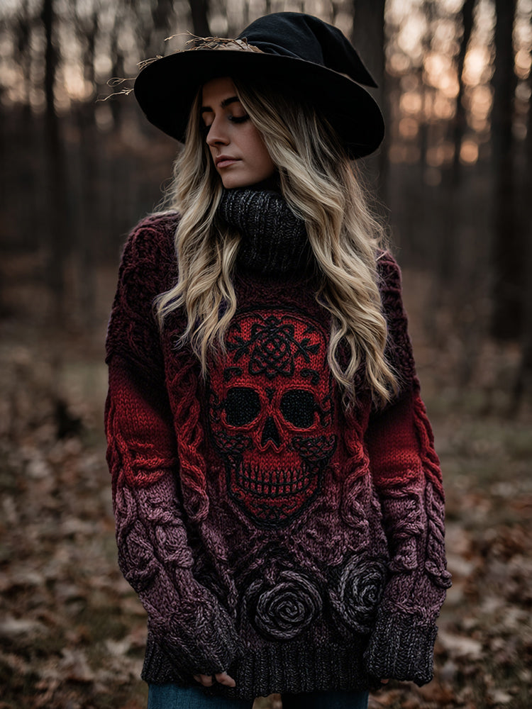 Women's Viking Tribal Jacquard Celtic With Rose And Skull Inspired Chunky Knit Hooded Sweater elevenforest
