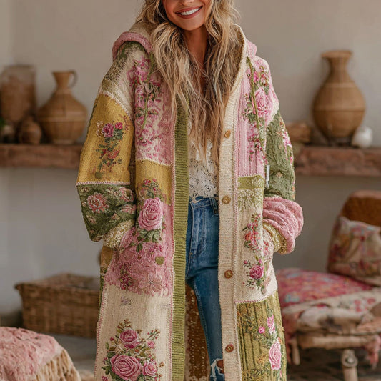 Comstylish Women's Vintage Patchwork Floral Art Cozy Knit Hooded Cardigan