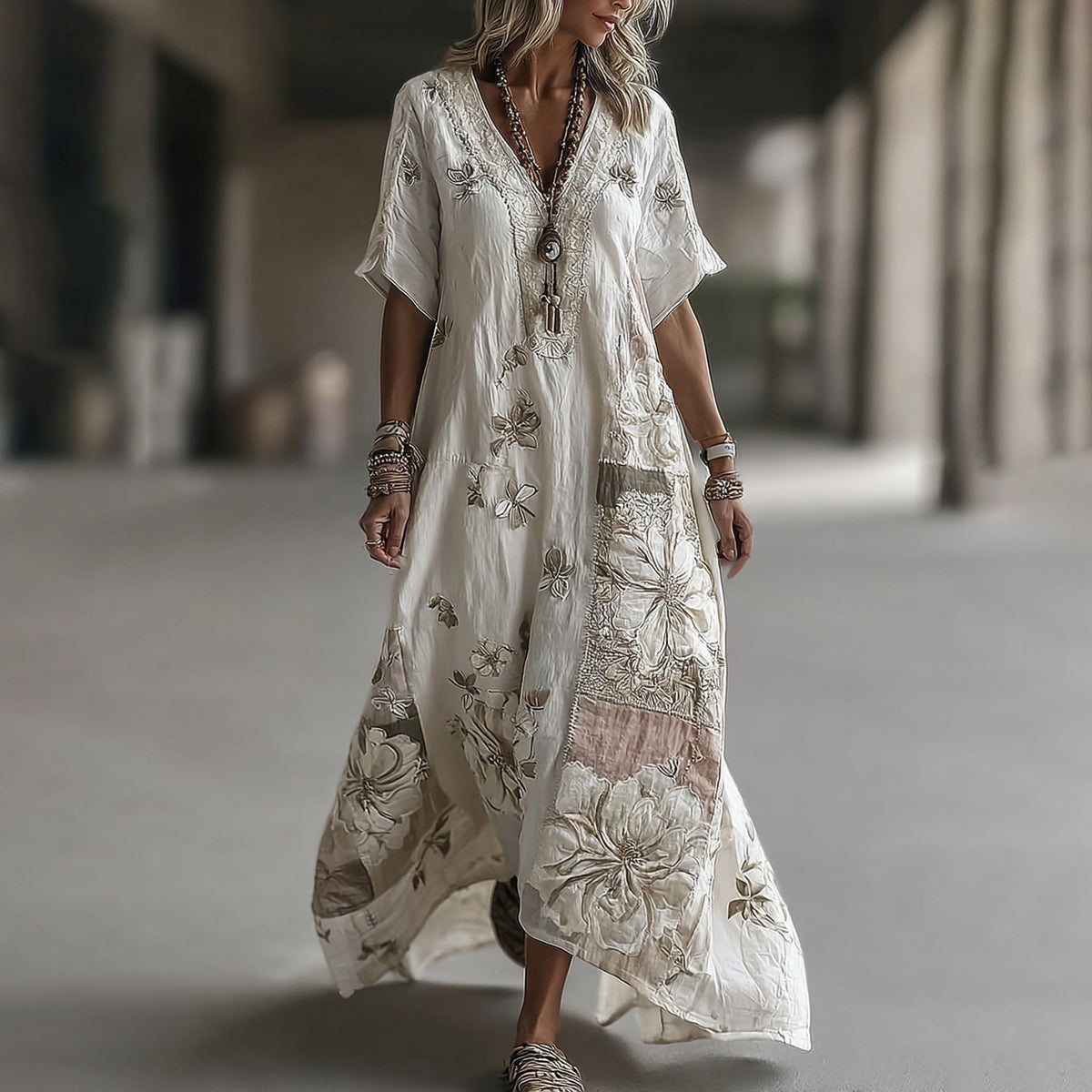 Women's Vintage Floral Embroidery Art Linen Blend V Neck Maxi Dress artswardrobe