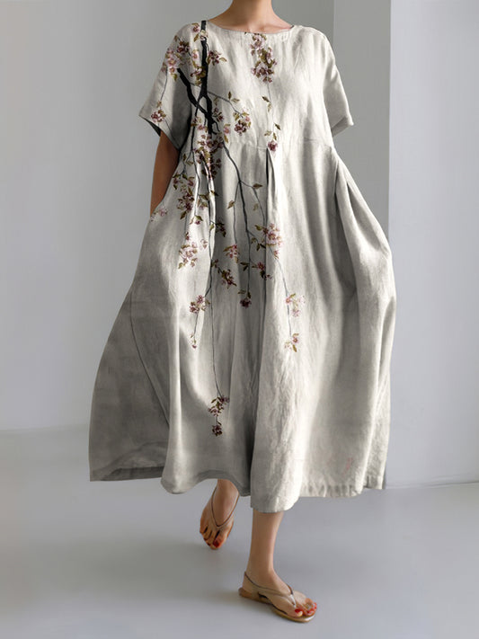 Japanese Art Flower Print Loose Midi Dress