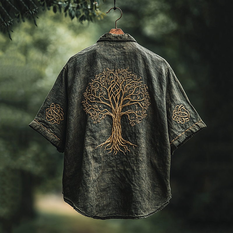 Men's Viking Tree Of Life Embroidery Pattern Linen Shirt artswardrobe
