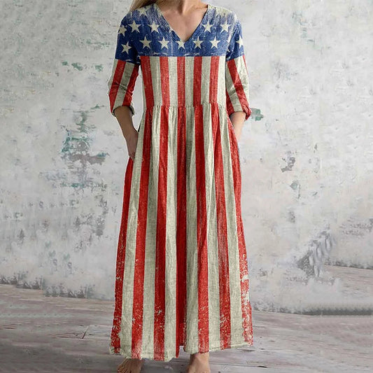 Vintage Independence Day Print Women's Linen Dress artswardrobe