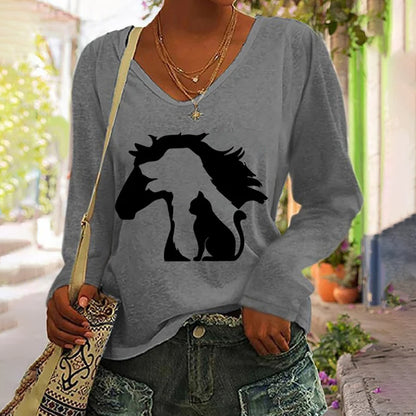 Funny Horse Dog Cat Print Long Sleeve T-Shirt elevenforest