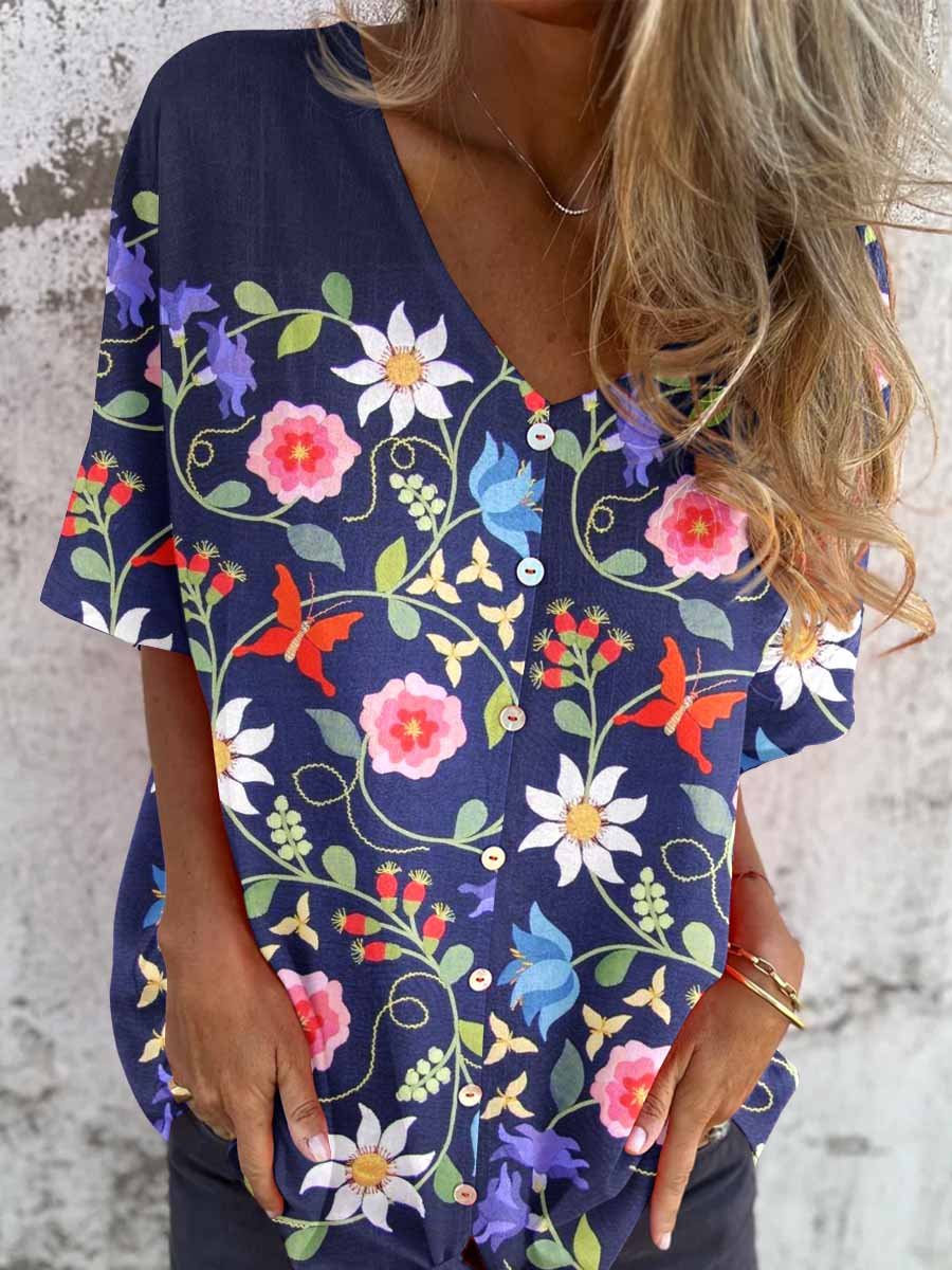 Women's Elegant Floral Pattern Shirt Style Cotton and Linen Top