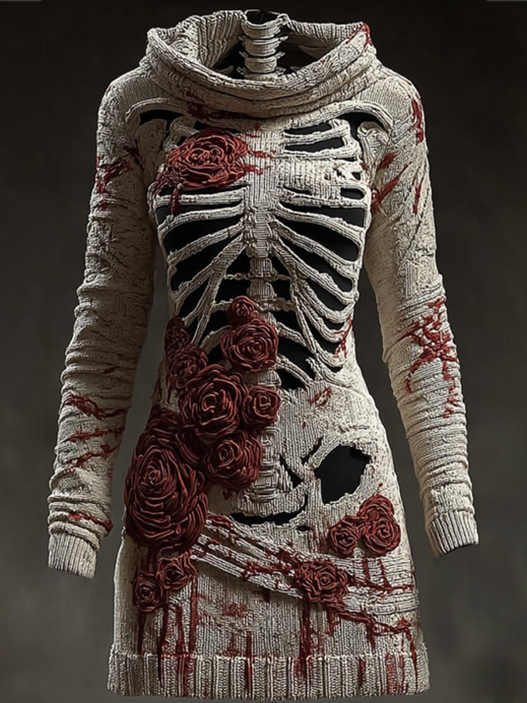 Comstylish Halloween Skull Floral Knitted Warm Hooded Sweater