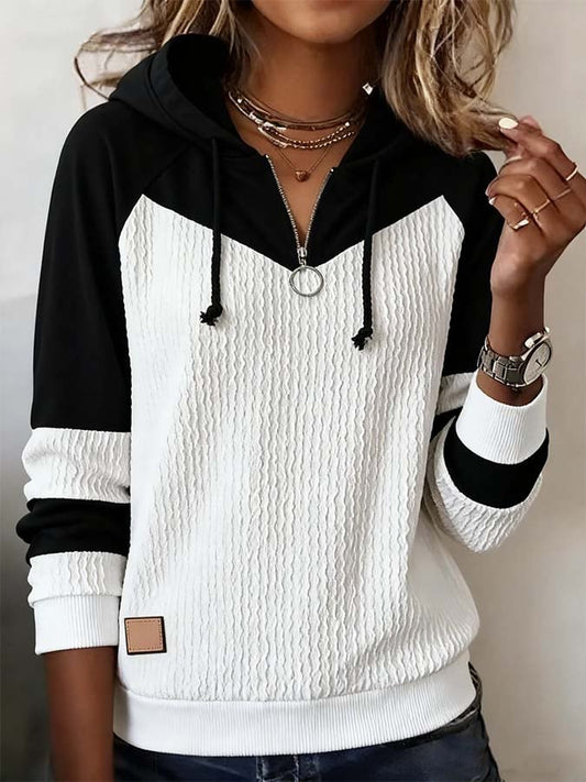 Women'S Casual Contrast Color Long-Sleeved Hooded Sweatshirt 