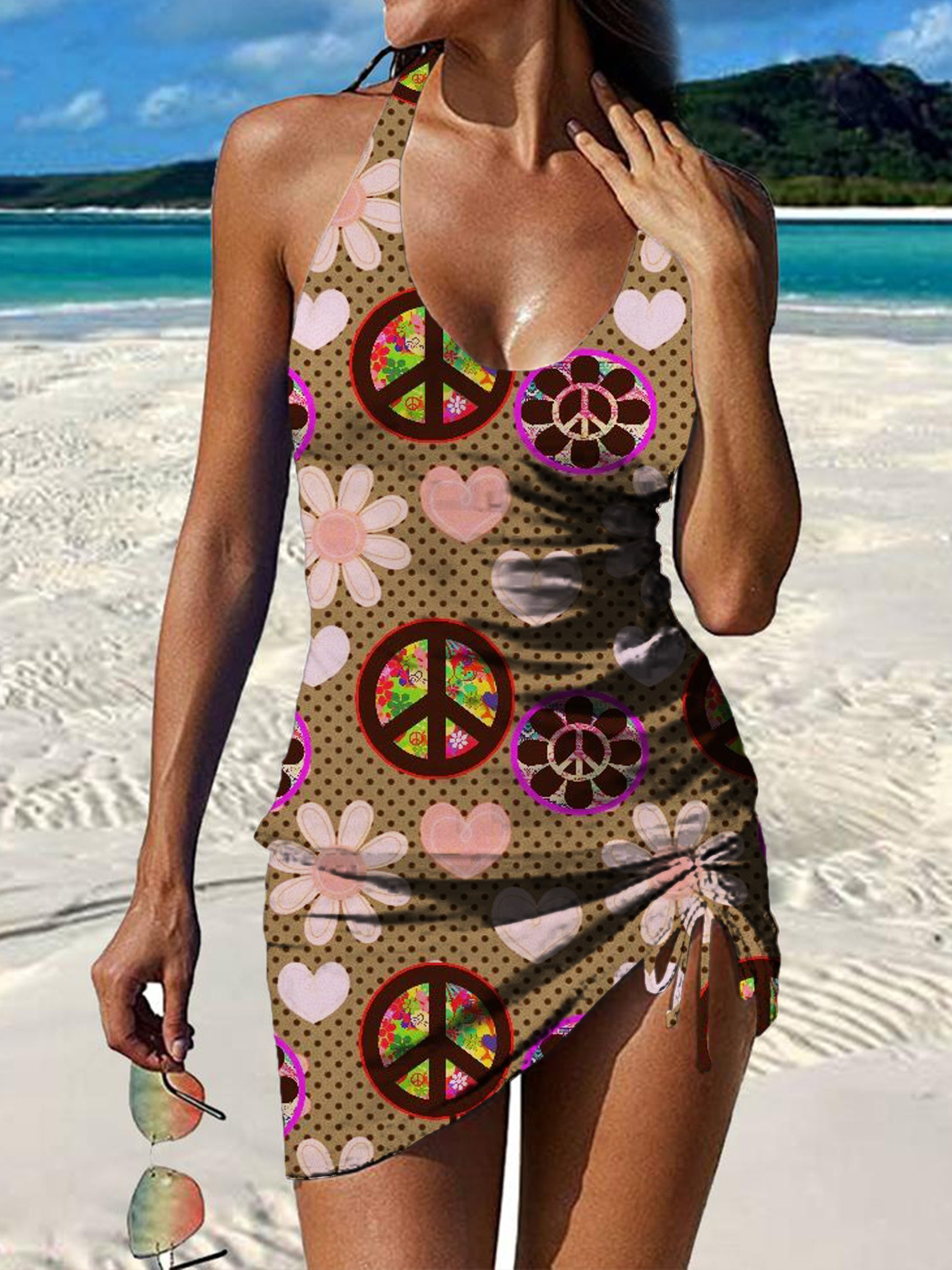Peace and Love Print Pleated Drawstring V-neck Tankini Pantskirt Set Swimsuit