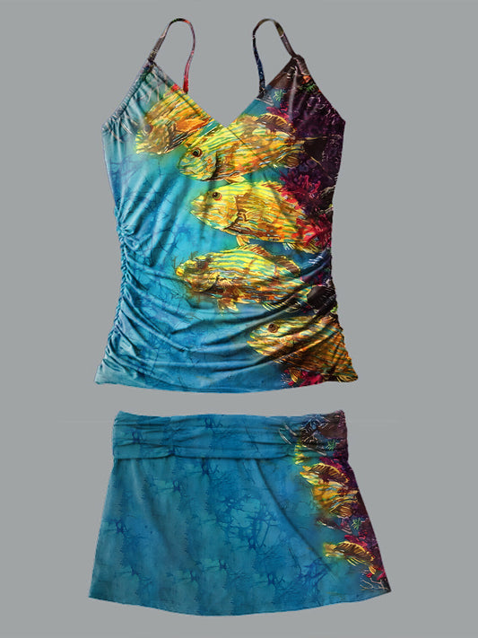 V-Neck Vintage Fish Art Print Suspender Skirt Tankini Pantskirt Set Swimsuit