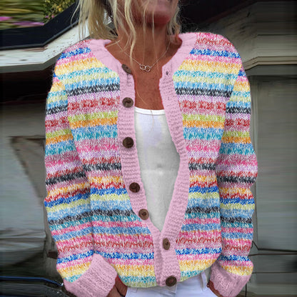 Classy Vintage Mohair Rainbow Stripe Jacquard Cozy Knit Cardigan artswardrobe
