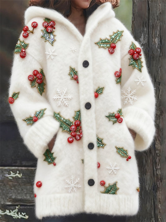 Comstylish Christmas Berries & Snowflakes Glitter Embroidered Cozy Hooded Cardigan