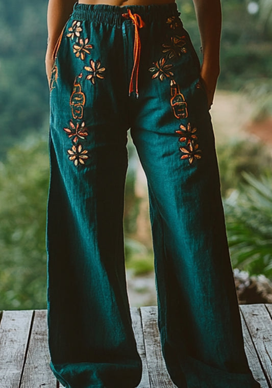 Women's Bohemian Embroidered Linen Lounge Pants artswardrobe