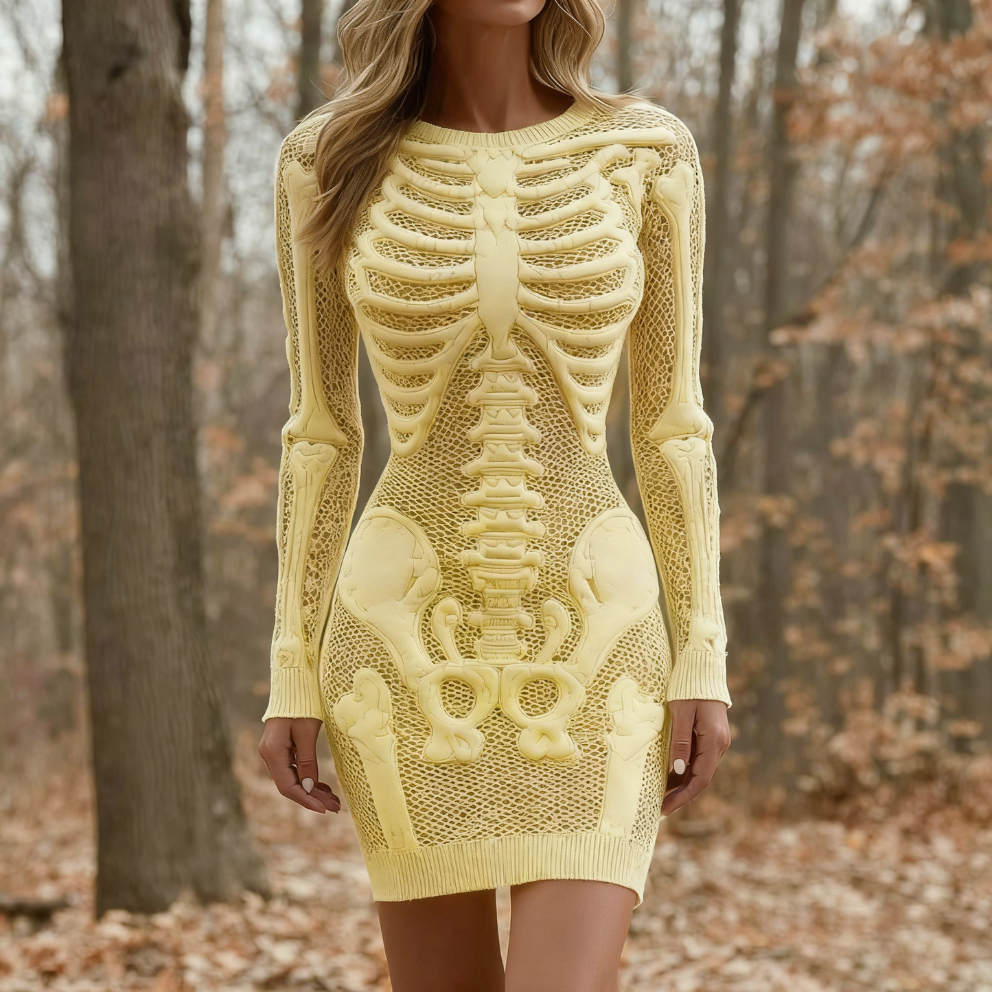Comstylish Women's Vintage Halloween Skeleton Bones Comfortable Elegant Sweater Dress