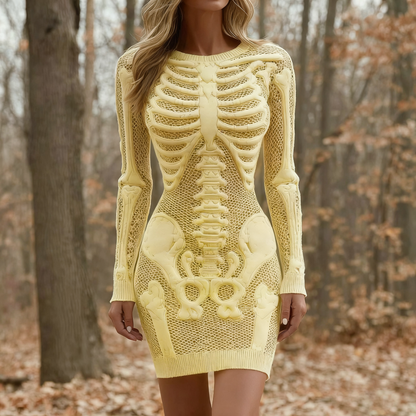Comstylish Women's Vintage Halloween Skeleton Bones Comfortable Elegant Sweater Dress