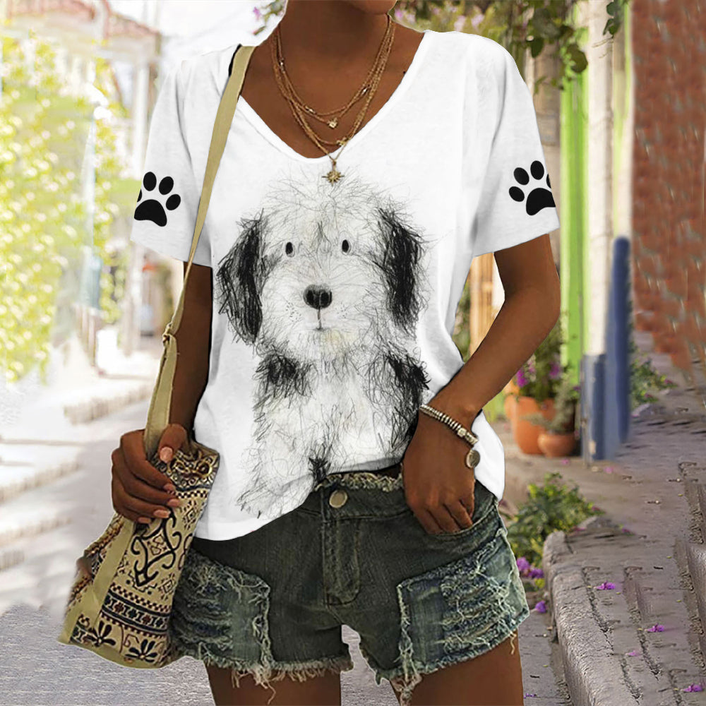 Comstylish Women's Dogs Print V Neck T-Shirt