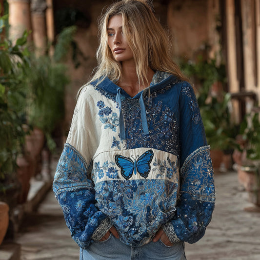 Comstylish Women's Bohemian Style Plant-dyed Patchwork Floral Embroidery Blue Butterfly Hoodie