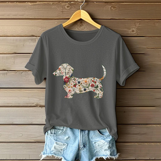 Comstylish Women's Classic Dachshund In Floral Inspired Painting Embroidered Casual Linen T-shirt